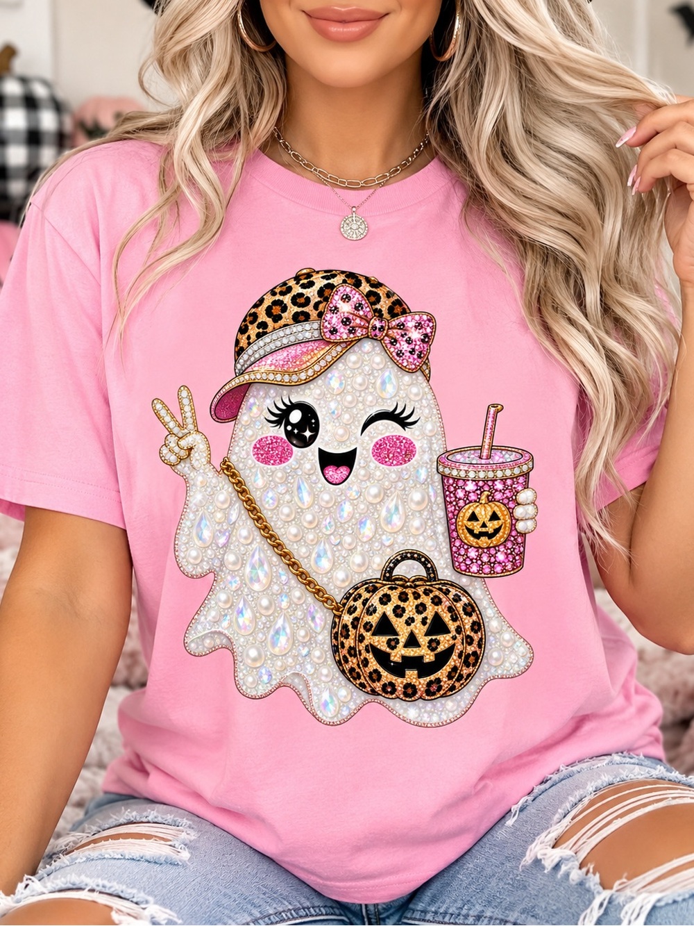Cute Ghost Graphic Tee with Leopard Accents
